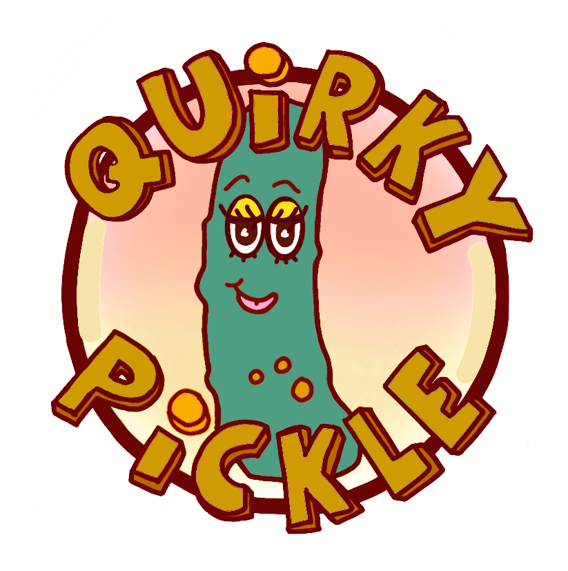Quirky Pickle logo - green pickle with orange block graffiti style words that say Quirky Pickle